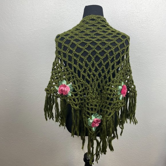 Accessories - Vintage Green Fringed Flower Crochet Granny Boho Triangle Shawl Scarf